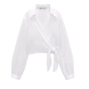 ZARA wrap white cropped TIED LINEN SHIRT SIZE S